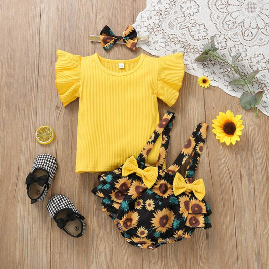 Baby Girl Sunken Stripe Bow Back Shorts 3-piece Set - Mubimart