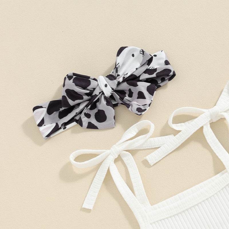 Baby Girl Sunken Stripe Spaghetti Straps Sleeveless Romper Shorts Hair Band Three-piece Set - Mubimart