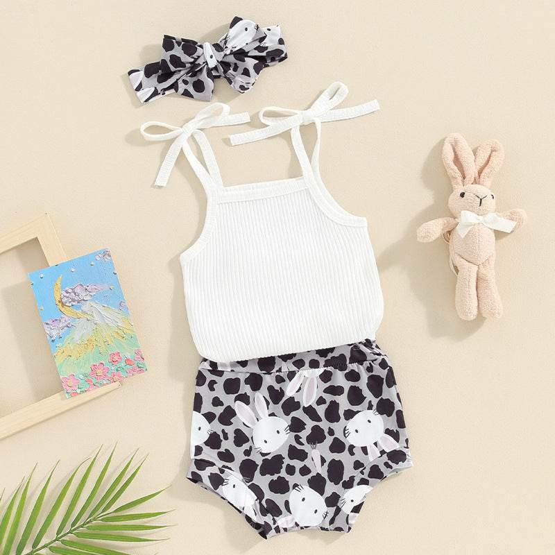 Baby Girl Sunken Stripe Spaghetti Straps Sleeveless Romper Shorts Hair Band Three-piece Set - Mubimart