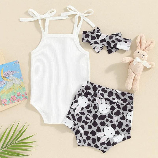 Baby Girl Sunken Stripe Spaghetti Straps Sleeveless Romper Shorts Hair Band Three-piece Set - Mubimart