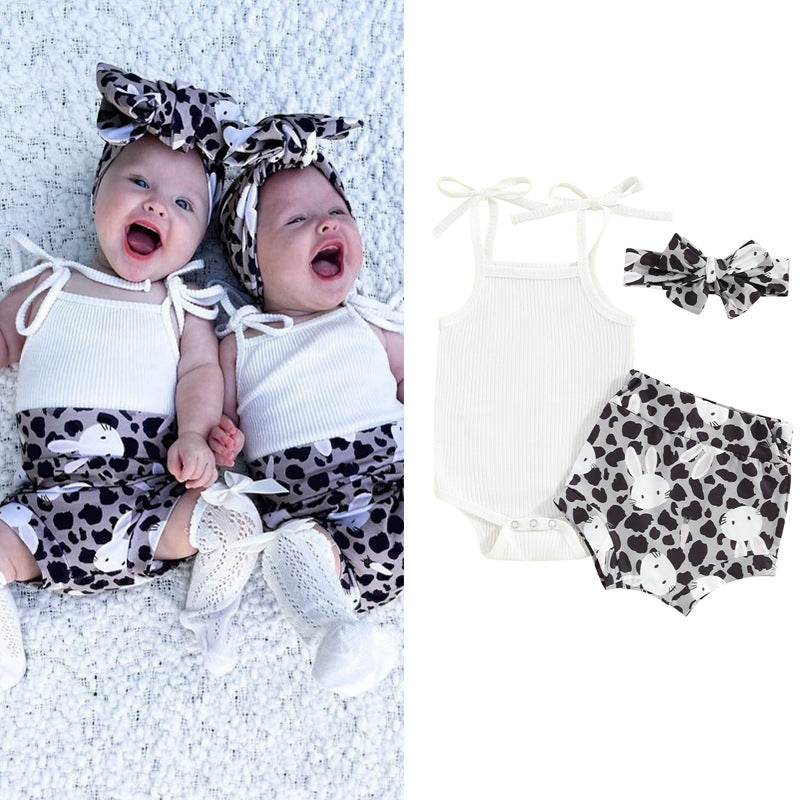 Baby Girl Sunken Stripe Spaghetti Straps Sleeveless Romper Shorts Hair Band Three-piece Set - Mubimart