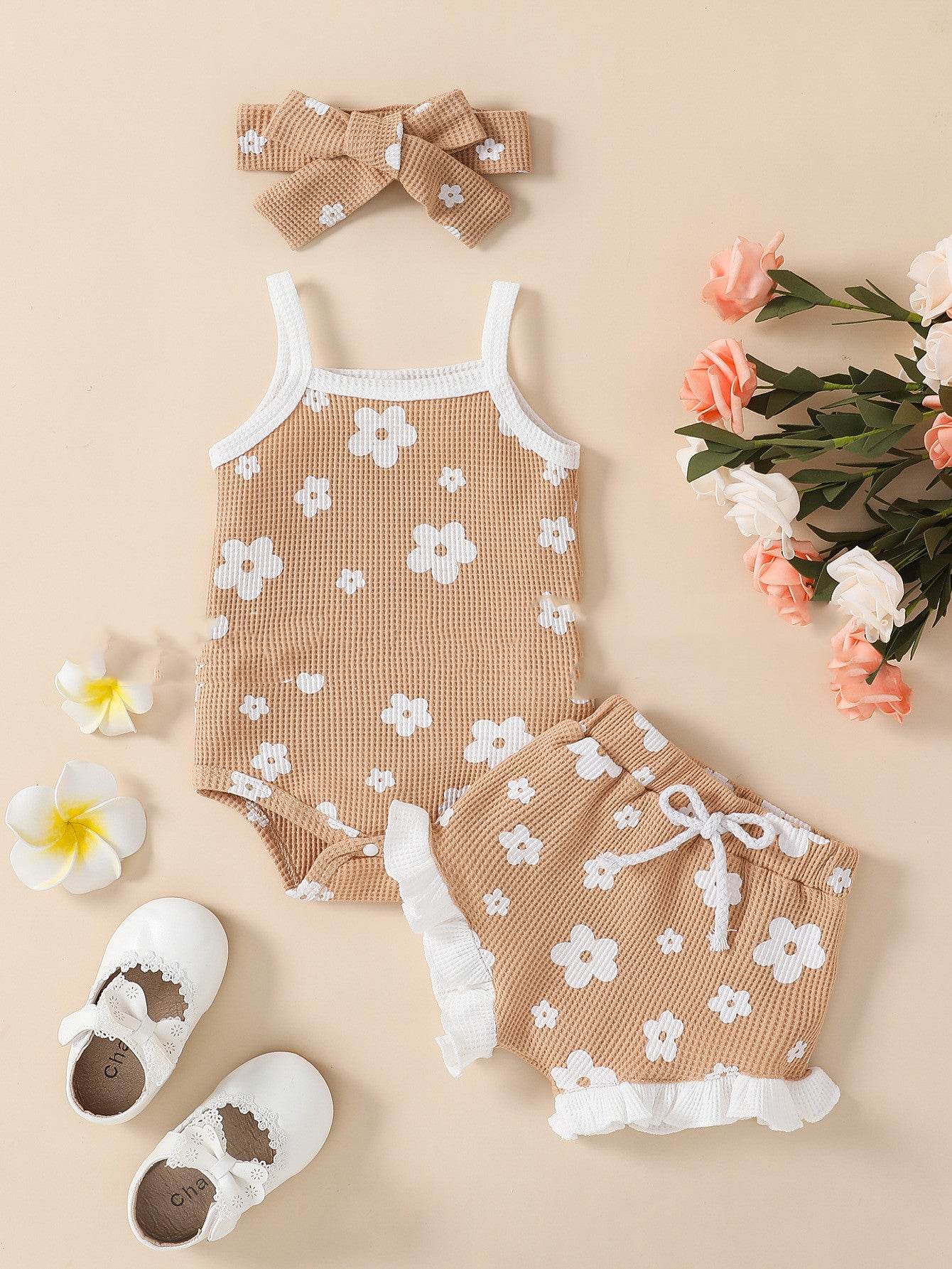 Baby Girl Waffle Print Overall Dress Set - Mubimart
