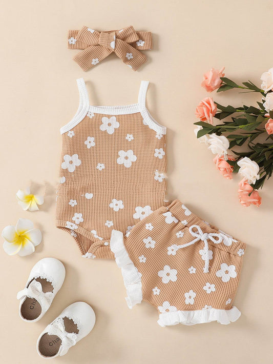 Baby Girl Waffle Print Overall Dress Set - Mubimart