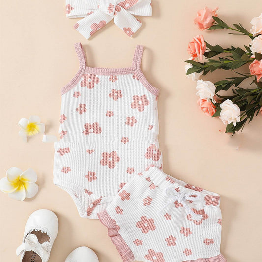 Baby Girl Waffle Print Overall Dress Set - Mubimart