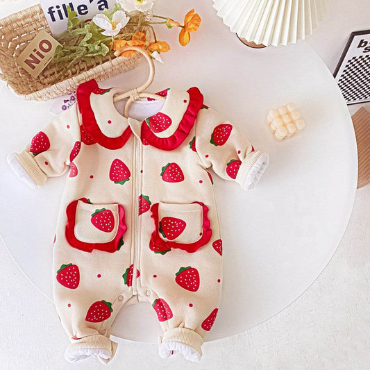 Baby Girl Warm Clothes Strawberry Printed Quilted One-piece Romper - Mubimart