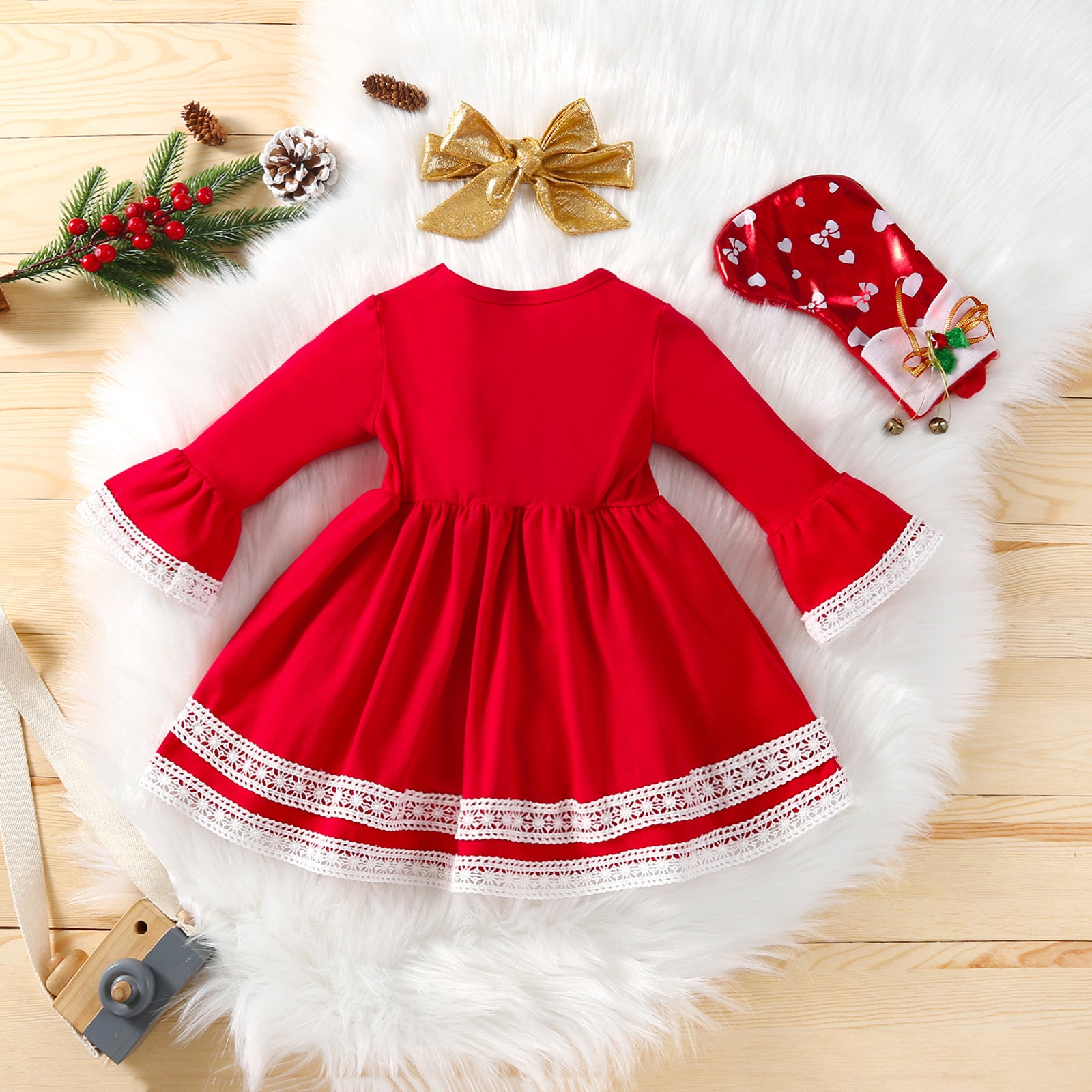 Baby Girls Red Dress Christmas Outfit Headband Bow - Mubimart -  