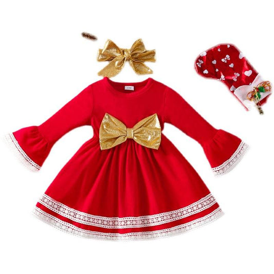 Baby Girls Red Dress Christmas Outfit Headband Bow - Mubimart