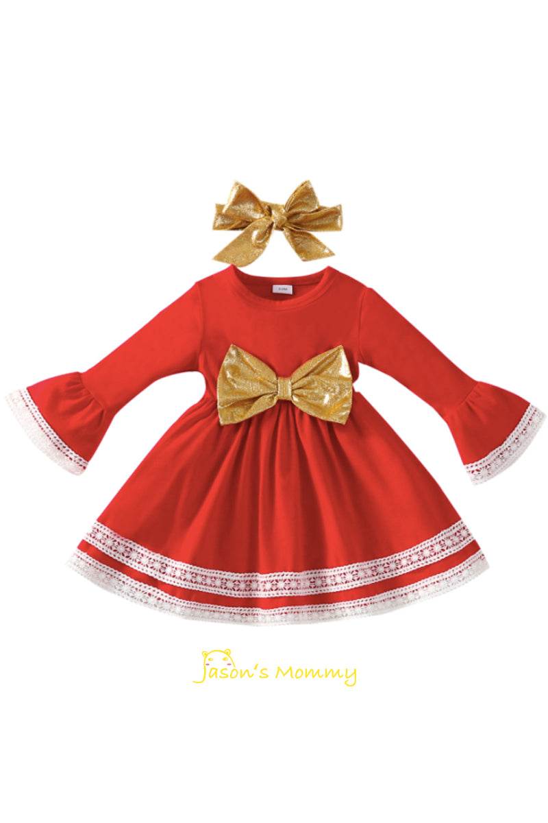 Baby Girls Red Dress Christmas Outfit Headband Bow - Mubimart