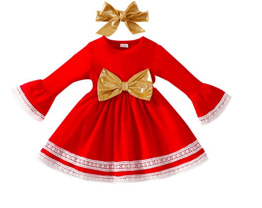 Baby Girls Red Dress Christmas Outfit Headband Bow - Mubimart