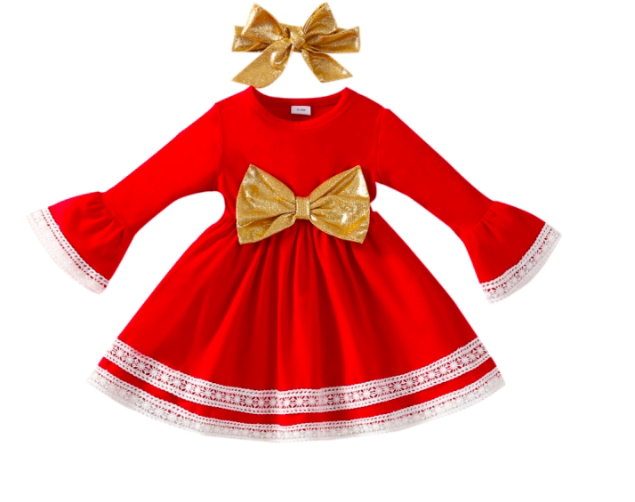 Baby Girls Red Dress Christmas Outfit Headband Bow - Mubimart -  