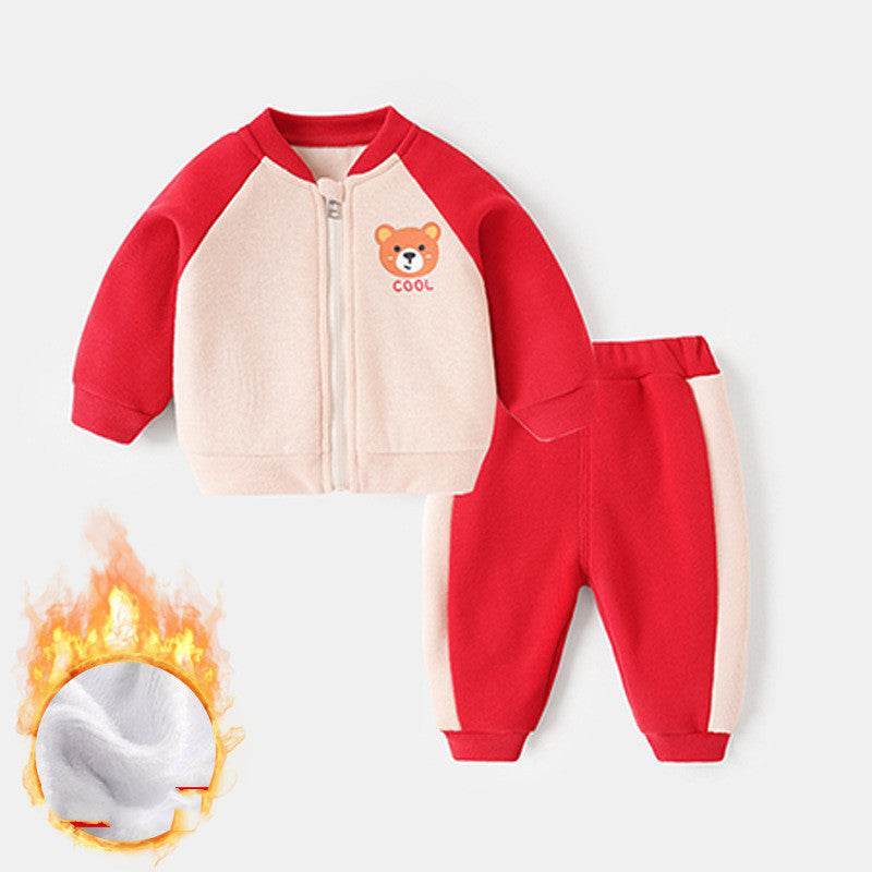 Baby Plus Velvet Padded Suit Toddler 0-3 Years Old Girl Coat Trousers Baby - Mubimart