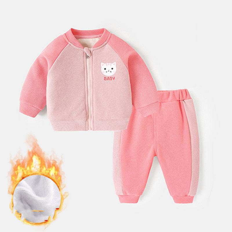 Baby Plus Velvet Padded Suit Toddler 0-3 Years Old Girl Coat Trousers Baby - Mubimart