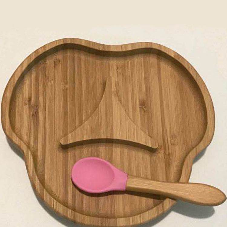 Baby Sucker Bowl Bamboo Cartoon Children'S Disk With Suction Cup Silicone Spoon Set Children'S Dinner Plate Bamboo Children'S Bowl - Mubimart