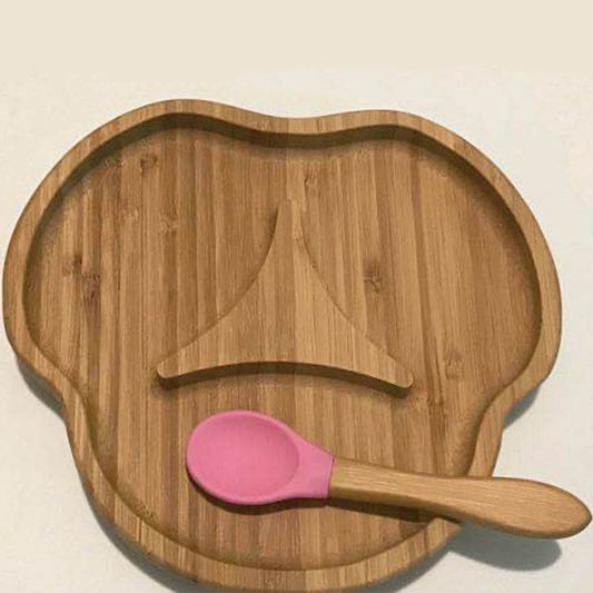 Baby Sucker Bowl Bamboo Cartoon Children'S Disk With Suction Cup Silicone Spoon Set Children'S Dinner Plate Bamboo Children'S Bowl - Mubimart