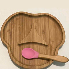 Baby Sucker Bowl Bamboo Cartoon Children'S Disk With Suction Cup Silicone Spoon Set Children'S Dinner Plate Bamboo Children'S Bowl - Mubimart - Dinner set 