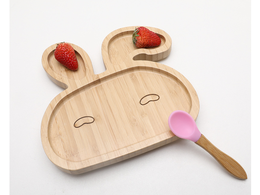 Baby Sucker Bowl Bamboo Cartoon Children'S Disk With Suction Cup Silicone Spoon Set Children'S Dinner Plate Bamboo Children'S Bowl - Mubimart -  