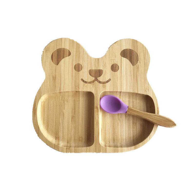 Baby Suction Cup Bowl Bamboo Cartoon Children's Disk with Suction Cup Silicone Spoon Set Children's Dinner Plate - Mubimart