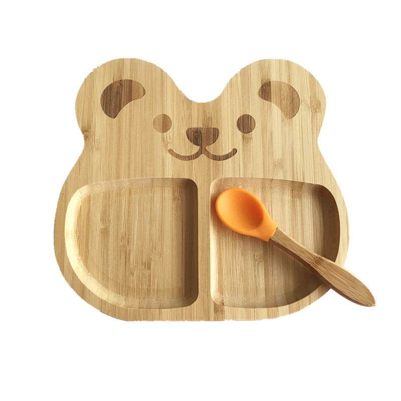 Baby Suction Cup Bowl Bamboo Cartoon Children's Disk with Suction Cup Silicone Spoon Set Children's Dinner Plate - Mubimart
