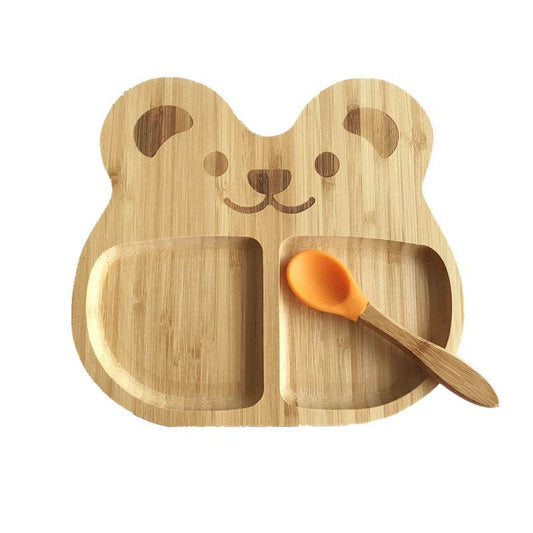Baby Suction Cup Bowl Bamboo Cartoon Children's Disk with Suction Cup Silicone Spoon Set Children's Dinner Plate - Mubimart