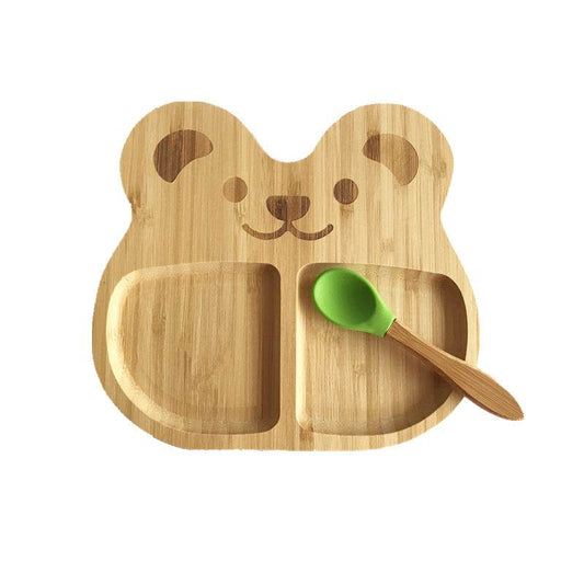 Baby Suction Cup Bowl Bamboo Cartoon Children's Disk with Suction Cup Silicone Spoon Set Children's Dinner Plate - Mubimart