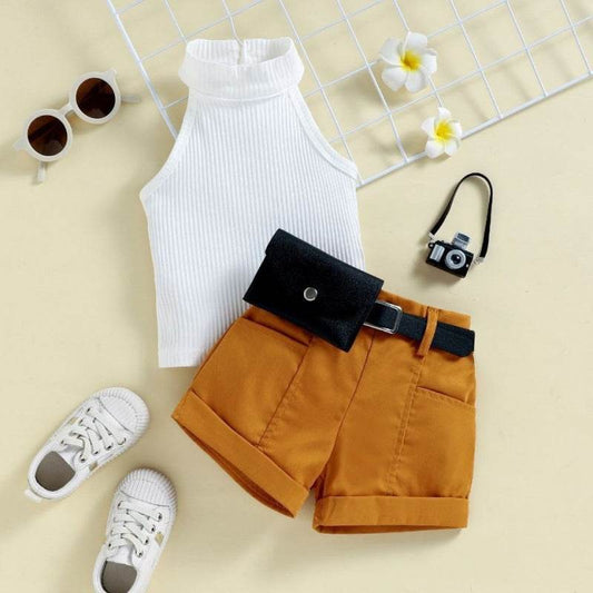 Baby Suit Infant Child Girl Halter Sunken Stripe Vest Top Shorts Waist Bag Little Girl Three-piece Suit - Mubimart