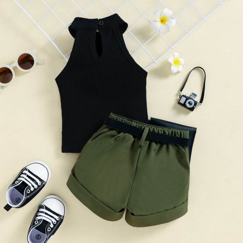 Baby Suit Infant Child Girl Halter Sunken Stripe Vest Top Shorts Waist Bag Little Girl Three-piece Suit - Mubimart