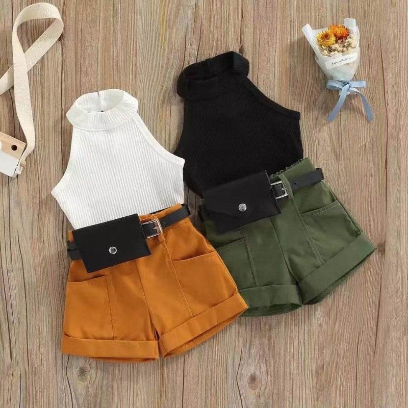 Baby Suit Infant Child Girl Halter Sunken Stripe Vest Top Shorts Waist Bag Little Girl Three-piece Suit - Mubimart