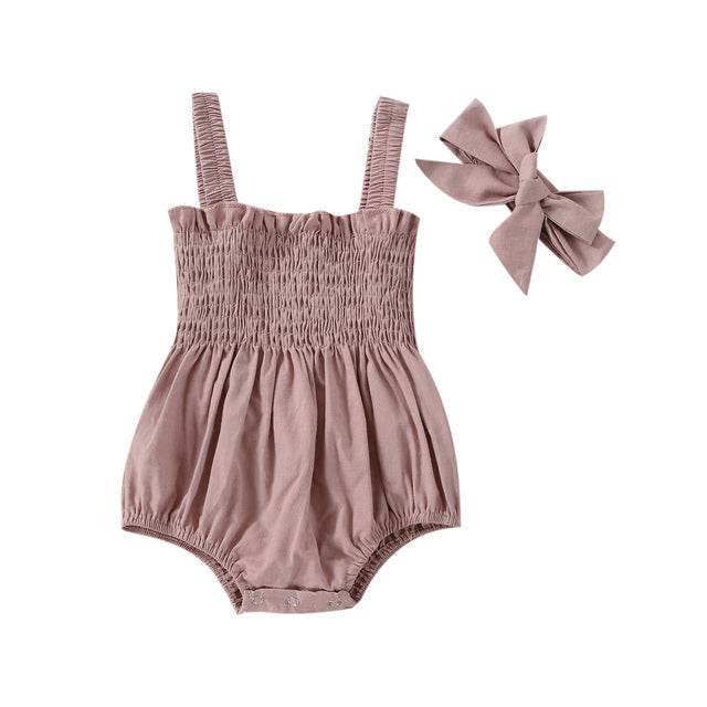 Baby Summer Jumpsuit Outfit Solid Color Ruched Toddler Girl - Mubimart