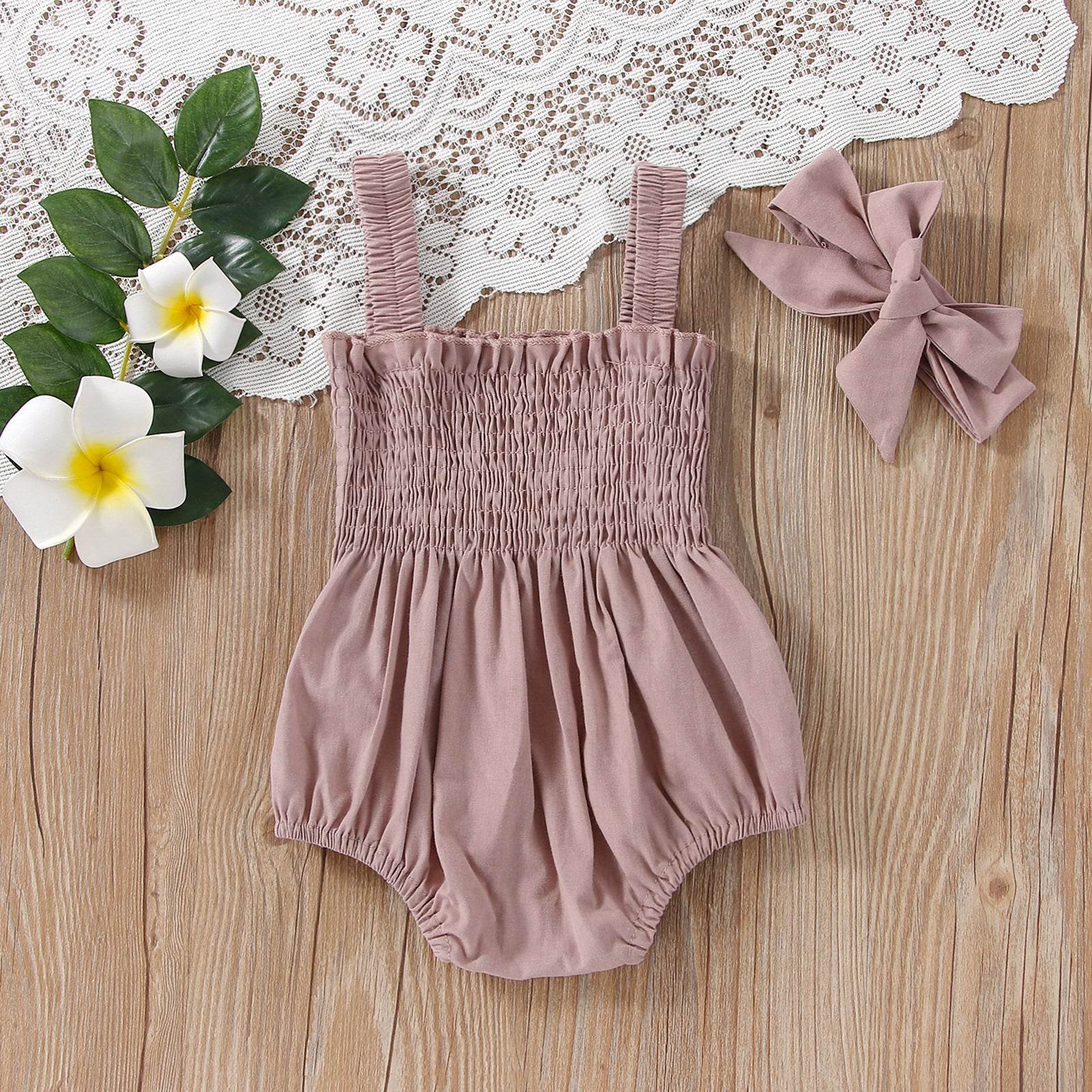 Baby Summer Jumpsuit Outfit Solid Color Ruched Toddler Girl - Mubimart