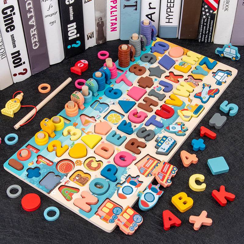 Baby Wooden Montessori Educational Toys Kids Early Learning Shape Color Math Matching Log Board Fishing Puzzle Count Number - Mubimart