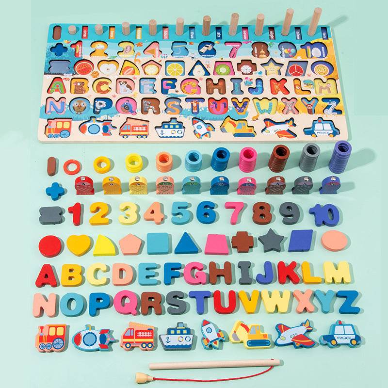 Baby Wooden Montessori Educational Toys Kids Early Learning Shape Color Math Matching Log Board Fishing Puzzle Count Number - Mubimart