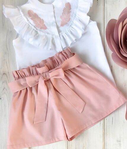 Baby lotus leaf collar sleeveless shorts 2-piece set - Mubimart