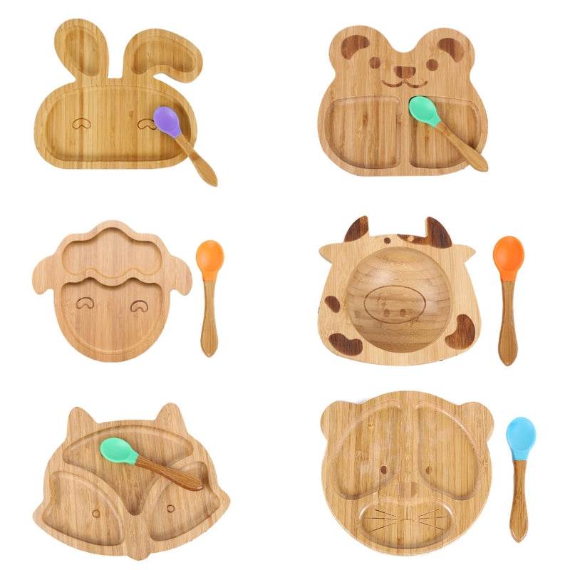 Bamboo Bowl And Plate Bear Dinner Plate Silicone Spoon Set - Mubimart