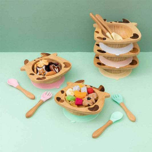 Bamboo Bowl And Plate Bear Dinner Plate Silicone Spoon Set - Mubimart