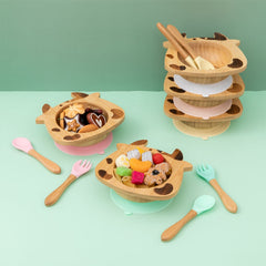 Bamboo Bowl And Plate Bear Dinner Plate Silicone Spoon Set - Mubimart - Dinner set 