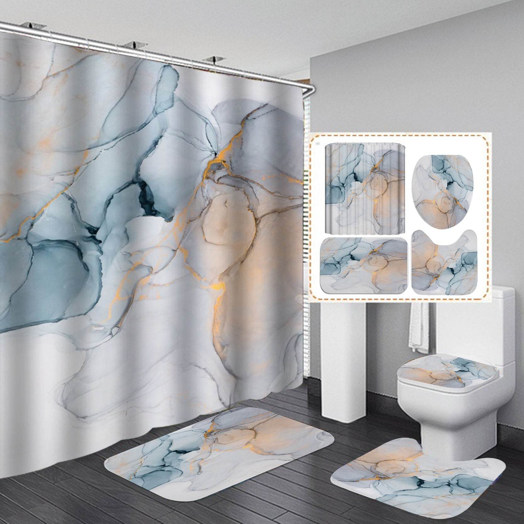 Beautiful Modern Shower Curtains 3D Bathroom Curtain Set Anti-slip Bath Mat Soft Carpet Water Absorption Rugs Home Decoration - Mubimart