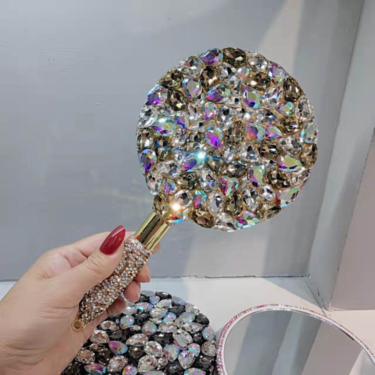 Beauty Salon Tattoo Embroidered Diamond Hand-held Mirror - Mubimart