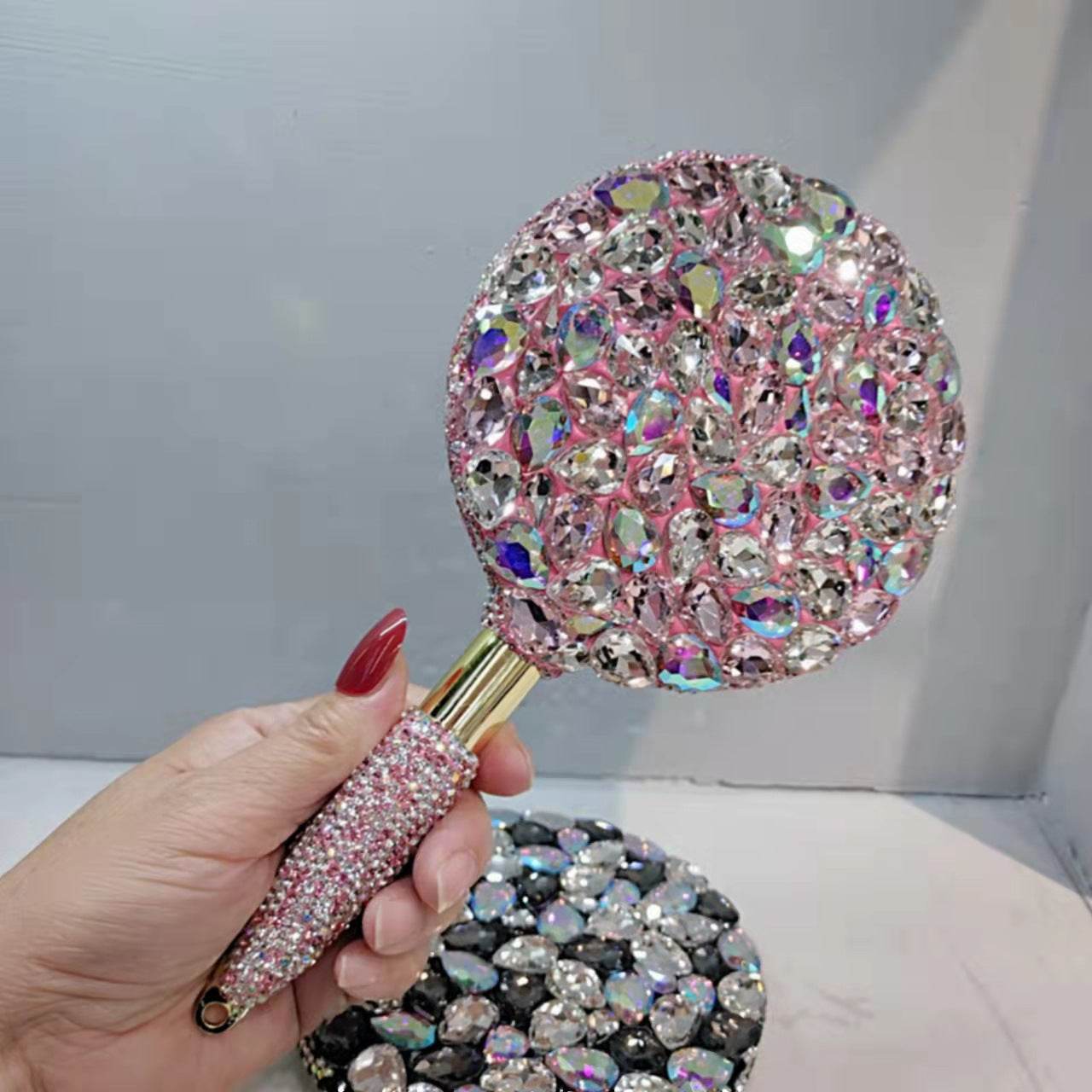 Beauty Salon Tattoo Embroidered Diamond Hand-held Mirror - Mubimart