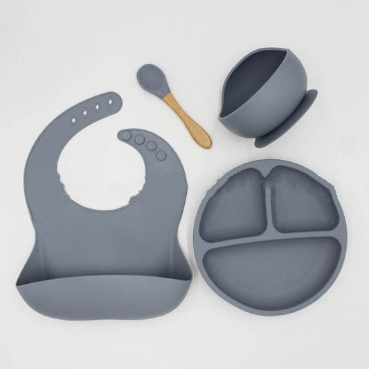 Bib Dinner Plate Spoon Bowl 4 Piece Set Silicone Baby Bowl Bib Plate Set - Mubimart