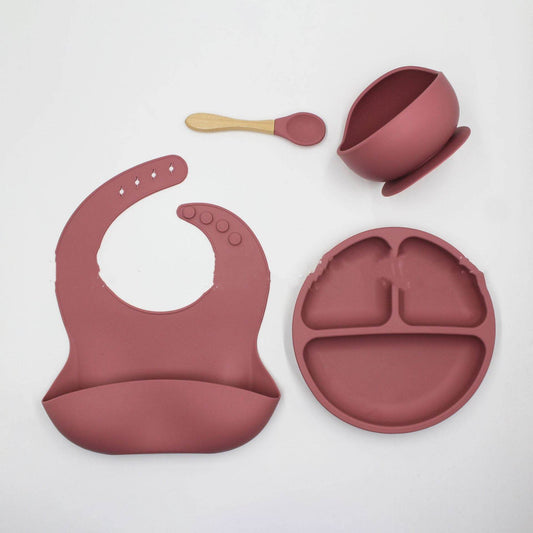 Bib Dinner Plate Spoon Bowl 4 Piece Set Silicone Baby Bowl Bib Plate Set - Mubimart