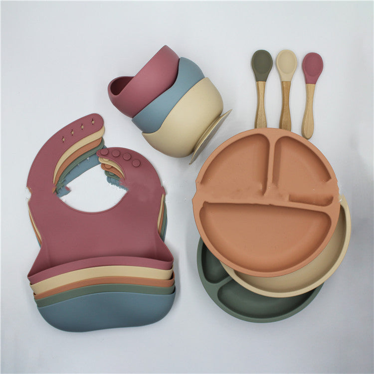 Bib Dinner Plate Spoon Bowl 4 Piece Set Silicone Baby Bowl Bib Plate Set - Mubimart - Dinner set 