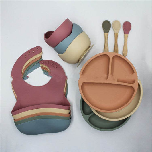 Bib Dinner Plate Spoon Bowl 4 Piece Set Silicone Baby Bowl Bib Plate Set - Mubimart