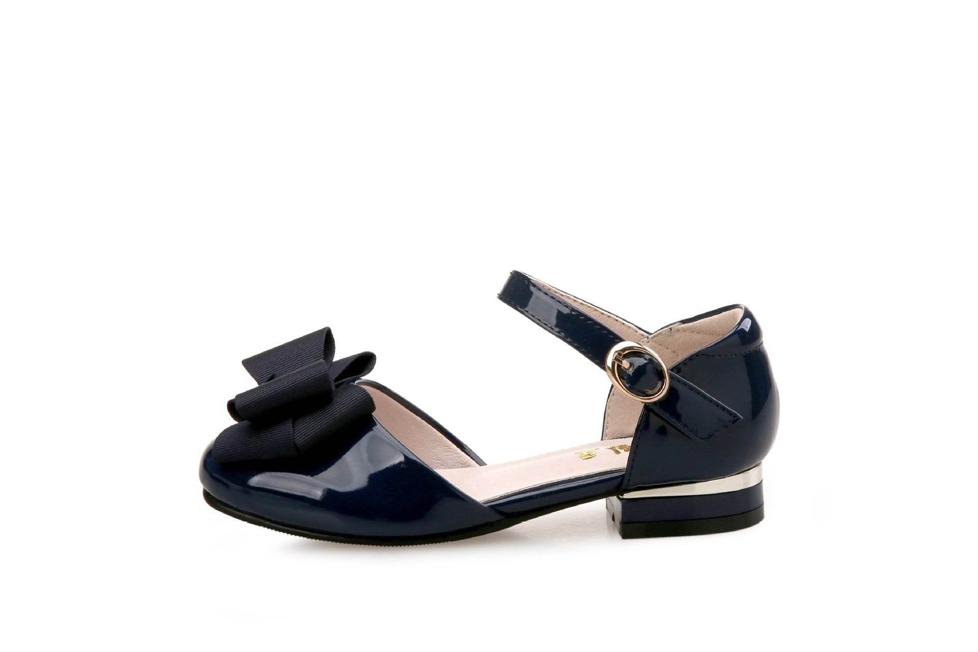 Big Kids' Hollow Velcro Patent Leather Shoes With Bow - Mubimart