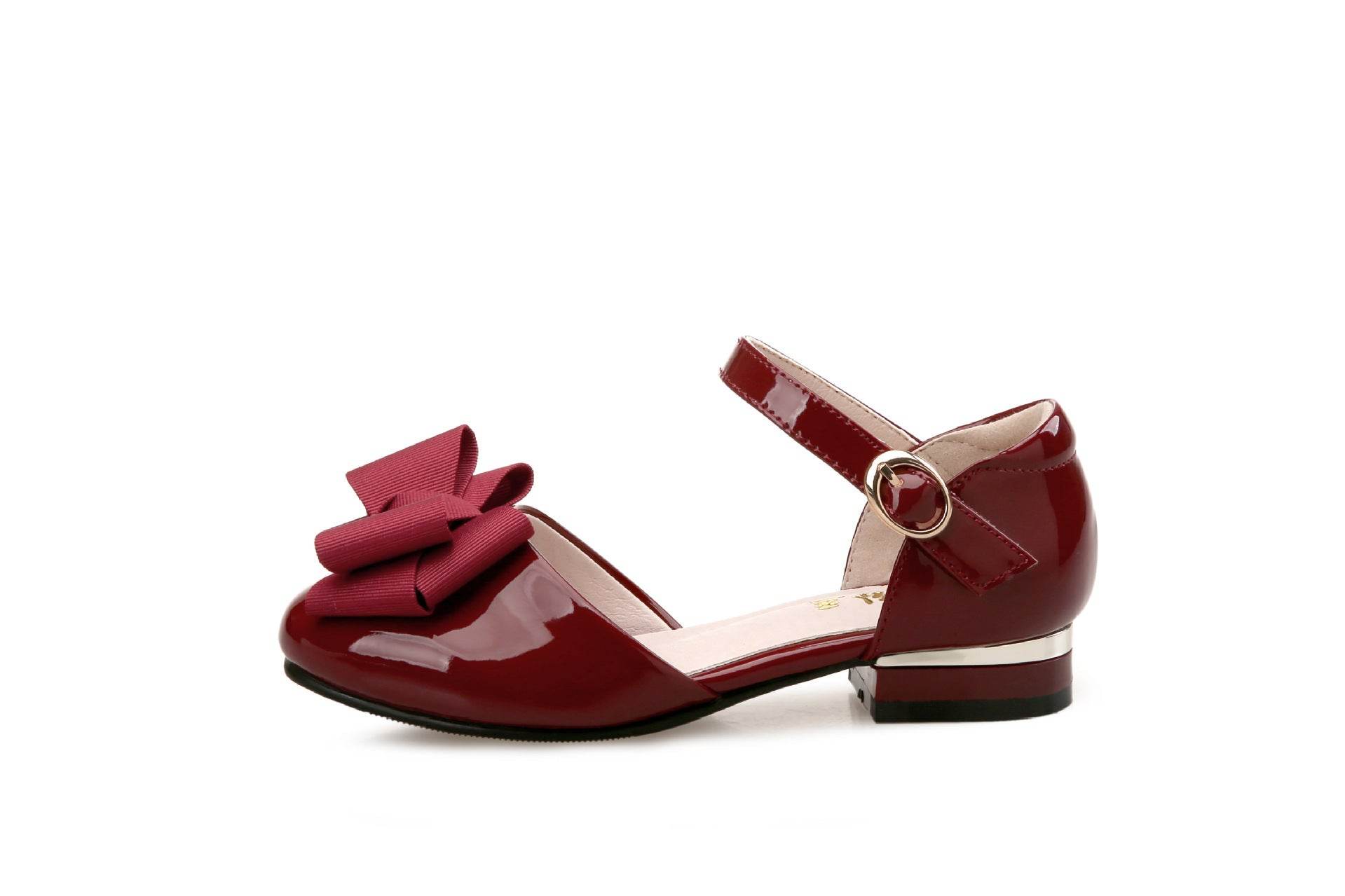 Big Kids' Hollow Velcro Patent Leather Shoes With Bow - Mubimart