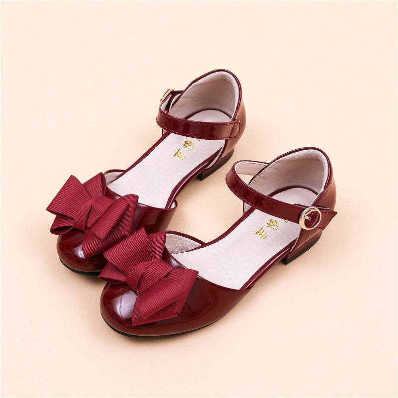 Big Kids' Hollow Velcro Patent Leather Shoes With Bow - Mubimart