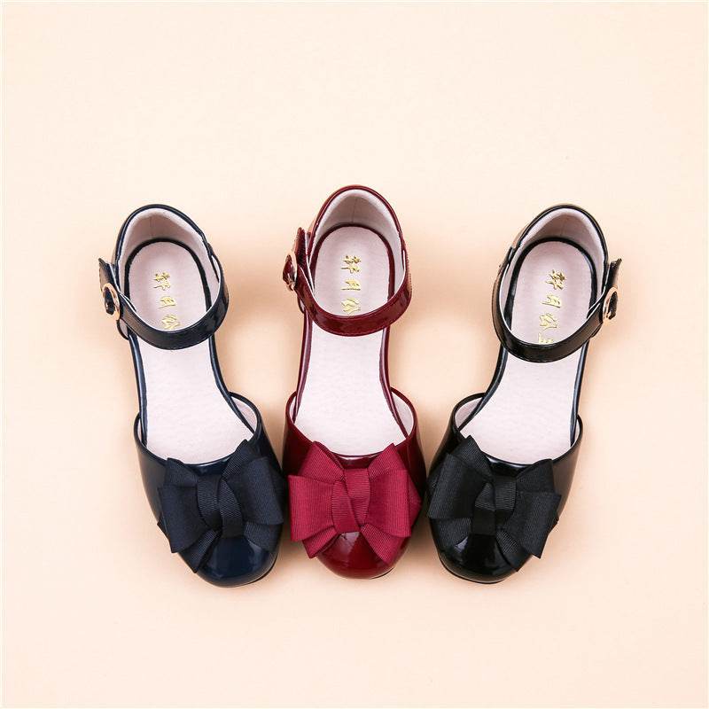 Big Kids' Hollow Velcro Patent Leather Shoes With Bow - Mubimart
