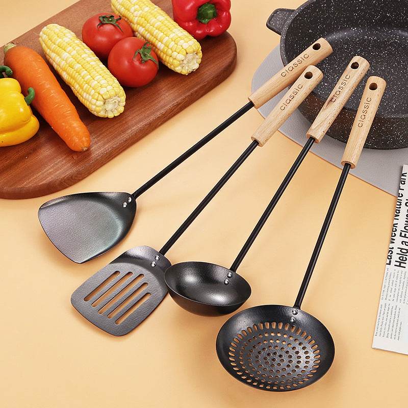Black Pig Iron Spatula And Soup Spoon Household Non-stick Pan Long Handle Cooking Chef Shovel Colander Beech Handle Classical Kitchenware Set - Mubimart
