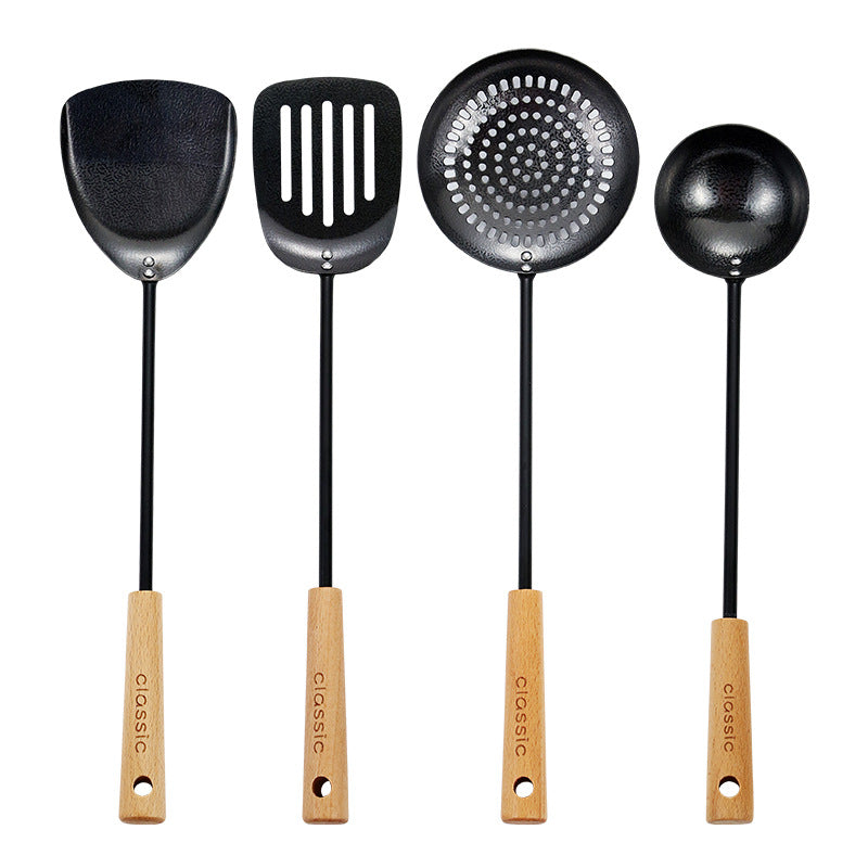 Black Pig Iron Spatula And Soup Spoon Household Non-stick Pan Long Handle Cooking Chef Shovel Colander Beech Handle Classical Kitchenware Set - Mubimart -  