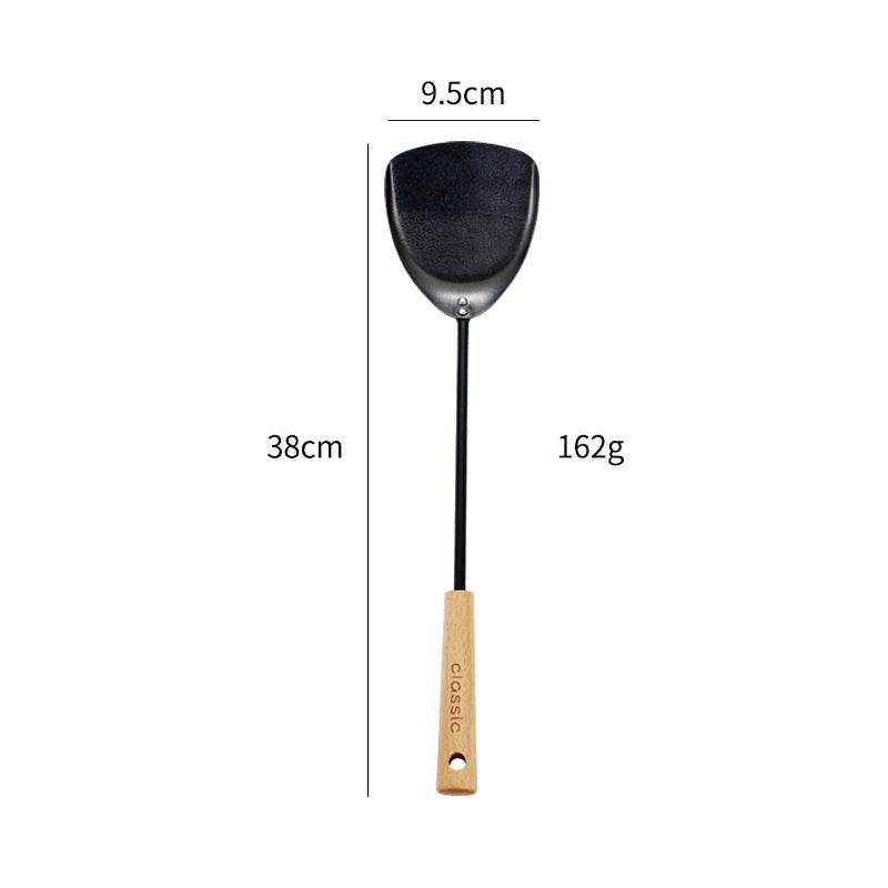 Black Pig Iron Spatula And Soup Spoon Household Non-stick Pan Long Handle Cooking Chef Shovel Colander Beech Handle Classical Kitchenware Set - Mubimart