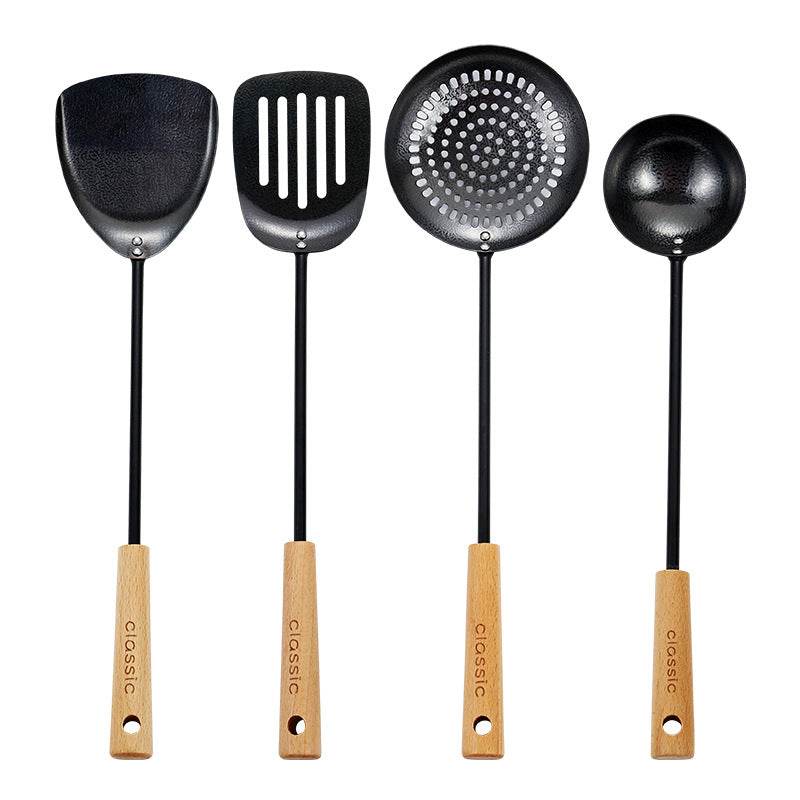 Black Pig Iron Spatula And Soup Spoon Household Non-stick Pan Long Handle Cooking Chef Shovel Colander Beech Handle Classical Kitchenware Set - Mubimart